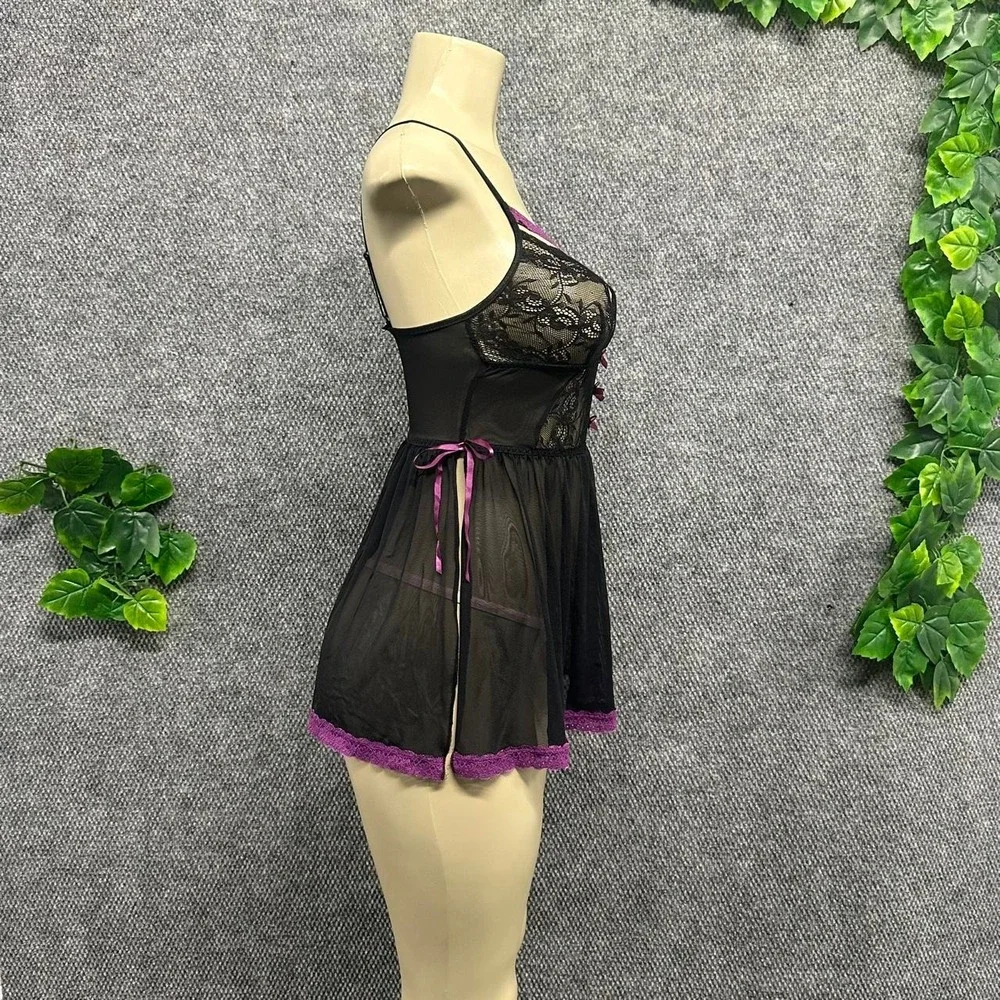 adore Me Lace Mesh Babydoll Lingerie Chemise Nightgown Black Purple